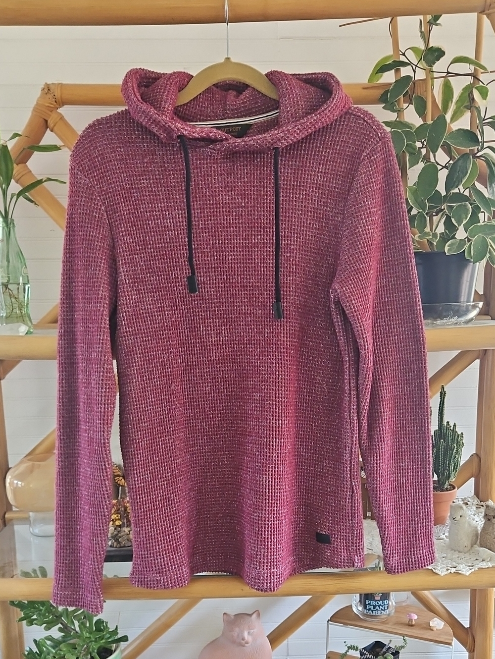 Cozy Hooded Waffle Knit Sweater - Raspberry Red